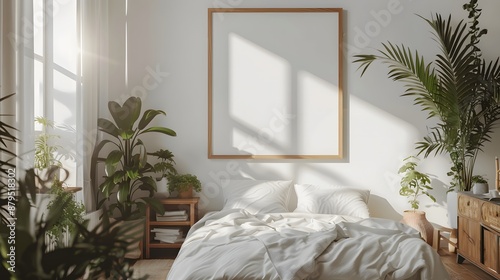 A simple and clean bedroom with white walls, wooden furniture, plants on the side of the bed, a blank picture frame hanging above it, sunlight streaming in from outside.