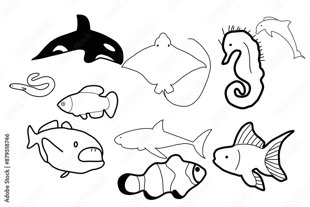 Obraz premium fish animal aquatic doodle organic line cute hand drawn 