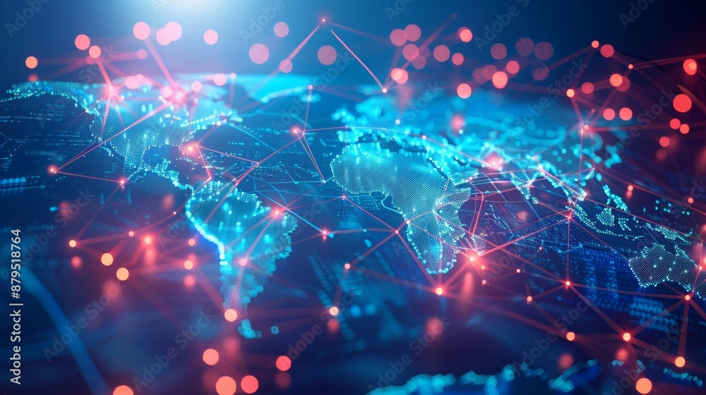 Obraz premium This world map depicts the interconnectedness of the global economy and globalization through the use of a series of interconnected lines and nodes.