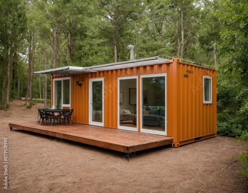 Modern shipping container tiny house in a forest