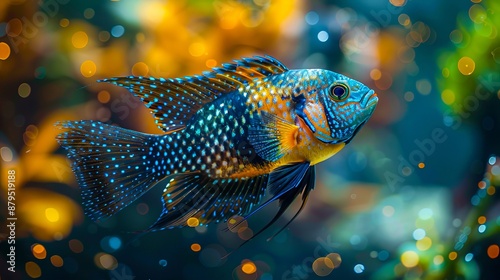 A fish swimming in an aquarium with water bubbles.