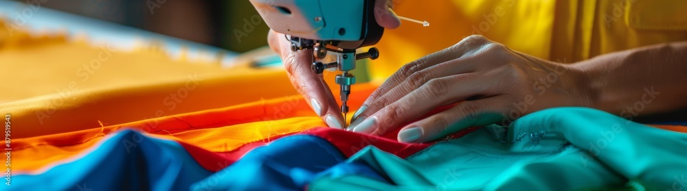 In this close-up, hands are seen sewing colorful fabric with a sewing machine, demonstrating the detail and craftsmanship involved in textile creation. In this close-up, hands are seen sewing colorful fabric with a sewing machine, demonstrating the detail and craftsmanship involved in textile creation.