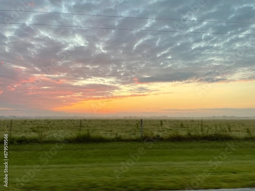 foggy farm sunrise