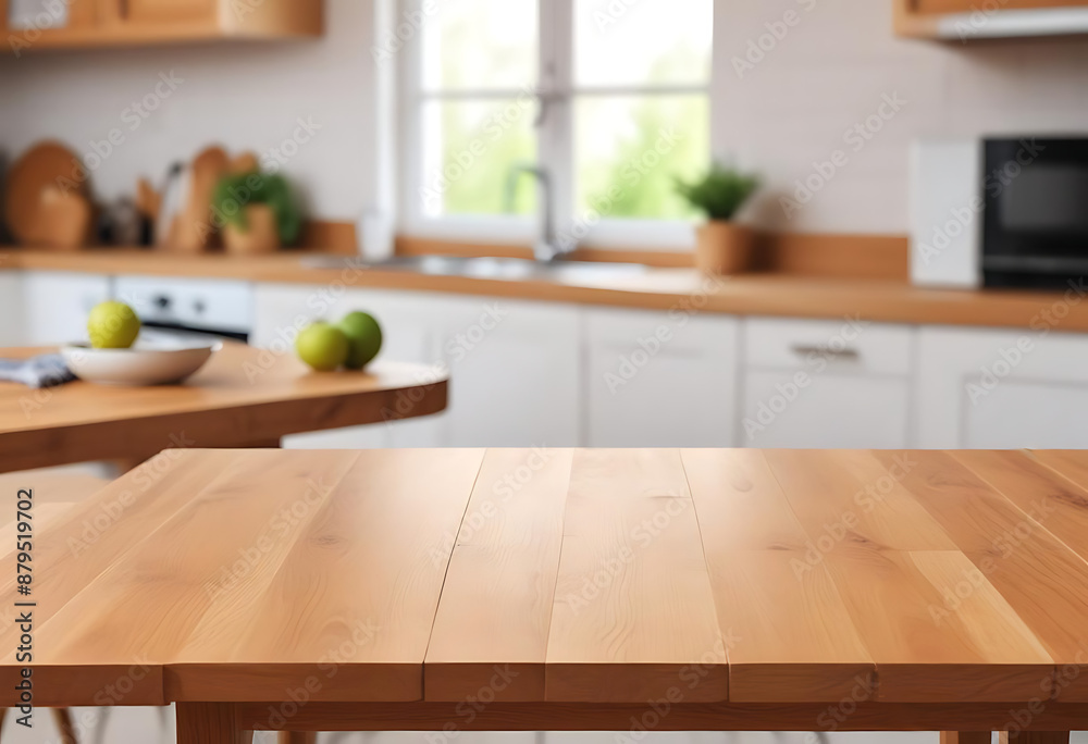 © Chaudhry - Wooden table on blurred kitchen bench background. Empty wooden table and blurred kitchen background generative ai