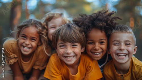 Children smile and laugh together in the background of a photo that portrays their joy and happiness, as well as their friendship.
