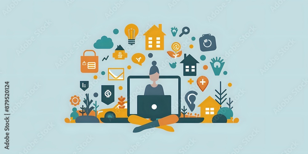 Illustration of a person using a laptop surrounded by various icons representing smart home technology. Perfect for illustrating concepts of home automation, IoT, and modern living. Illustration of a person using a laptop surrounded by various icons representing smart home technology. Perfect for illustrating concepts of home automation, IoT, and modern living.