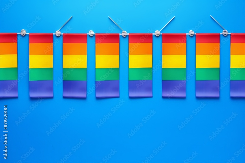 A row of rainbow flags hanging from a blue background. The flags are all the same color, but they are different sizes A row of rainbow flags hanging from a blue background. The flags are all the same color, but they are different sizes