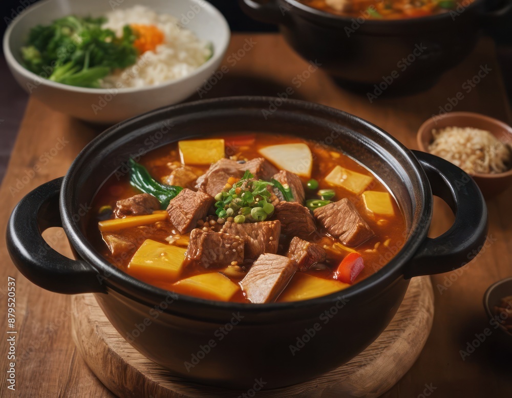Hearty beef stew with vegetables in a black pot Hearty beef stew with vegetables in a black pot