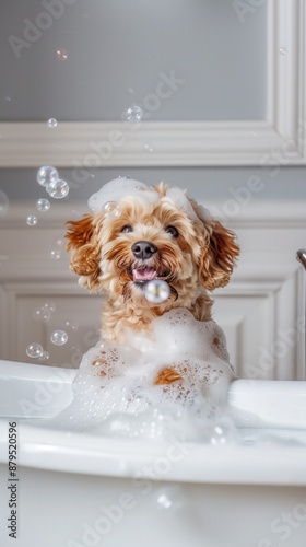 Adorable cockapoo dog in a white tub with bubbles. Playful fluffy pet enjoying a bubble bath