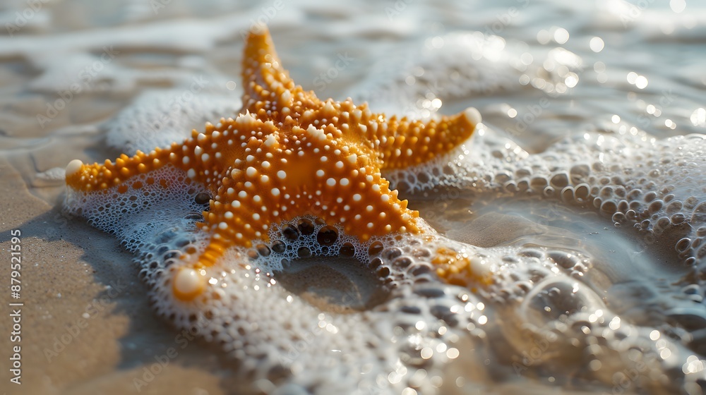 Sand and water on the beach, with an orange starfish lying flat in it. This scene creates a serene atmosphere, showcasing both natural beauty and marine life. Sand and water on the beach, with an orange starfish lying flat in it. This scene creates a serene atmosphere, showcasing both natural beauty and marine life.