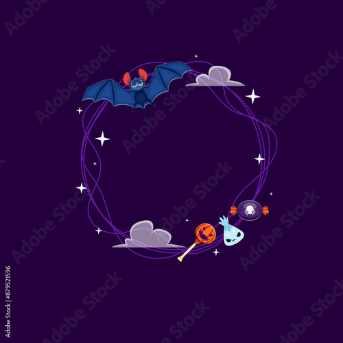 Halloween frame adorned with spooky bat and an array of tempting sweets, creating an eerie yet delightful atmosphere for the holiday festivities. Vector round border with clouds, stars and desserts