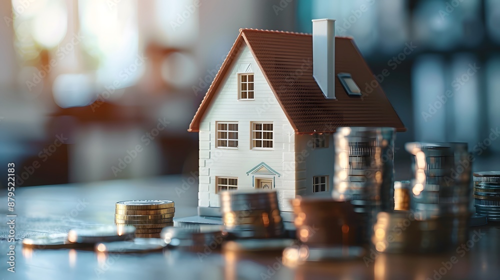 Miniature house model and stacks of coins on table, real estate concept with blurred office background. Miniature house model and stacks of coins on table, real estate concept with blurred office background.