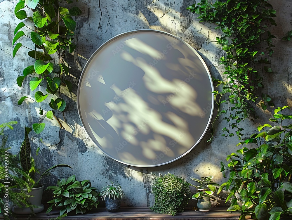 Obraz premium A round mirror on a wall with plants and flowers.
