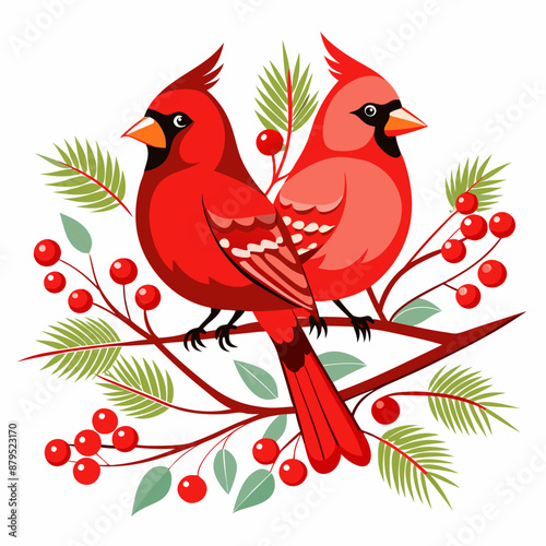 pair of cardinal birds closed together on a pine
