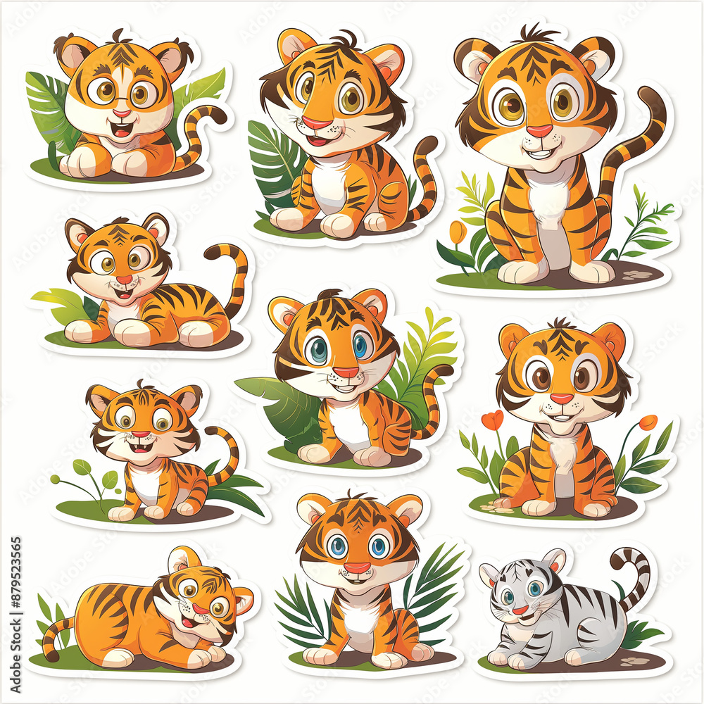 Obraz premium Asset of sticker tiger isolation over white background, Illustration