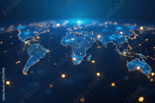 World map depicting global connections and networks, illuminated lines and dots highlighting interconnected digital communication and technology.