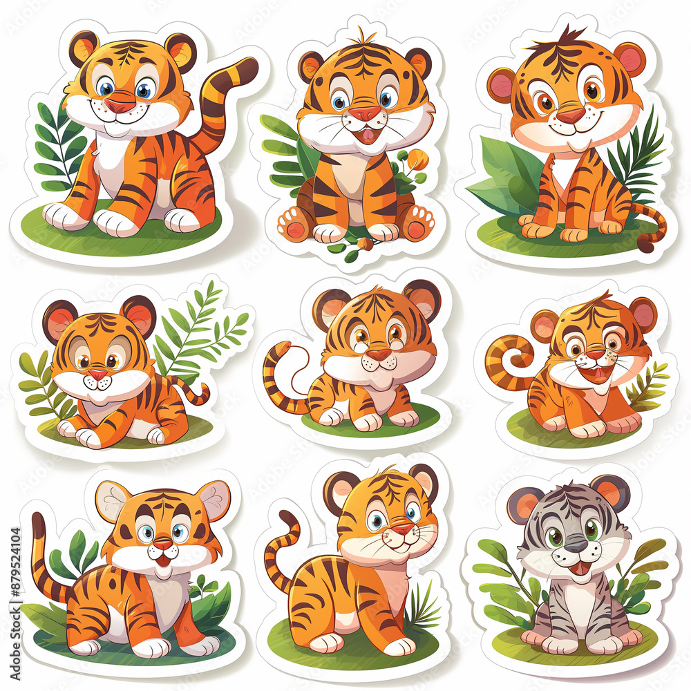 Obraz premium Asset of sticker tiger isolation over white background, Illustration