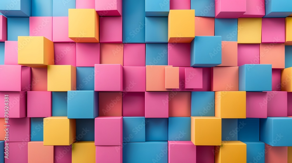 Pink, blue and yellow squares background, 3d rendering of cubes pattern, colorful blocks wall texture backdrop for design. Pink, blue and yellow squares background, 3d rendering of cubes pattern, colorful blocks wall texture backdrop for design.
