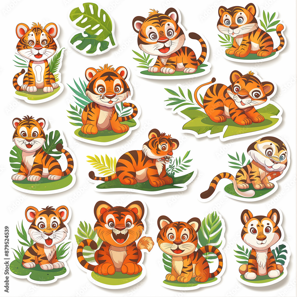 Obraz premium Asset of sticker tiger isolation over white background, Illustration