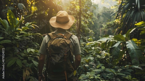 man on his back with a bag in the middle of the jungle