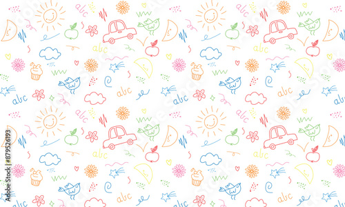 Children school, kindergarten vector doodle set. Cute daycare hand drawn flower, toy, animal elements. Childish cute preschool activity, education doodle background. Vector illustration