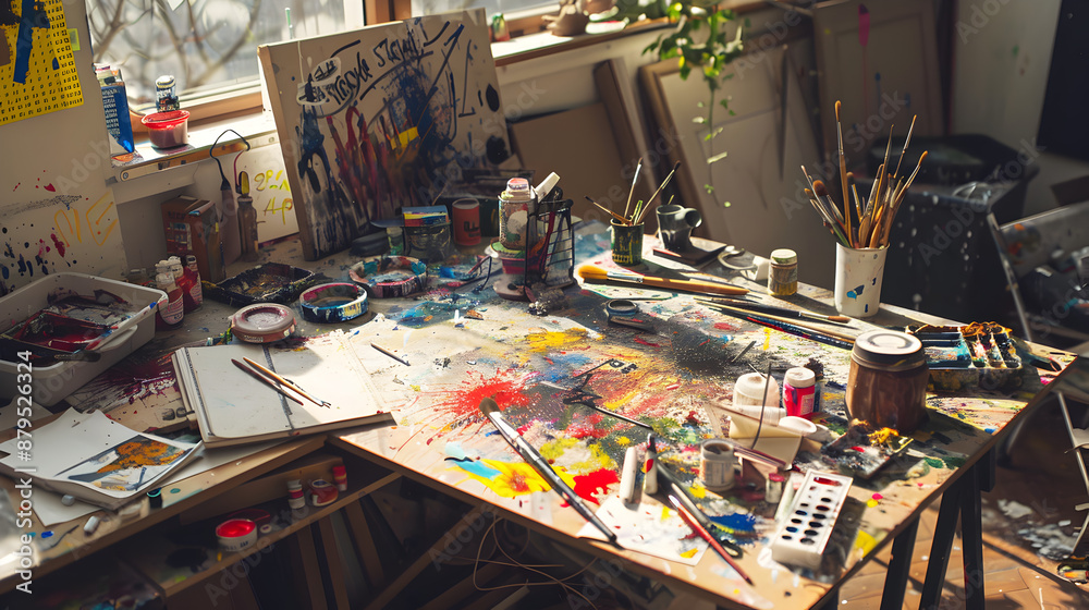 Creative workspace of an artist, with paint splatters, brushes, canvases, and sketches, showing the messy and vibrant environment of creativity.
Creative workspace of an artist, with paint splatters, brushes, canvases, and sketches, showing the messy and vibrant environment of creativity.