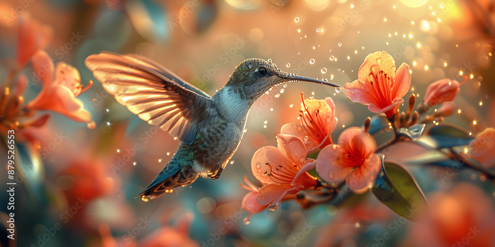 A hummingbird in mid-flight, wings blurred from speed, hovering near a bright red flower, with droplets of nectar visible on its beak A hummingbird in mid-flight, wings blurred from speed, hovering near a bright red flower, with droplets of nectar visible on its beak