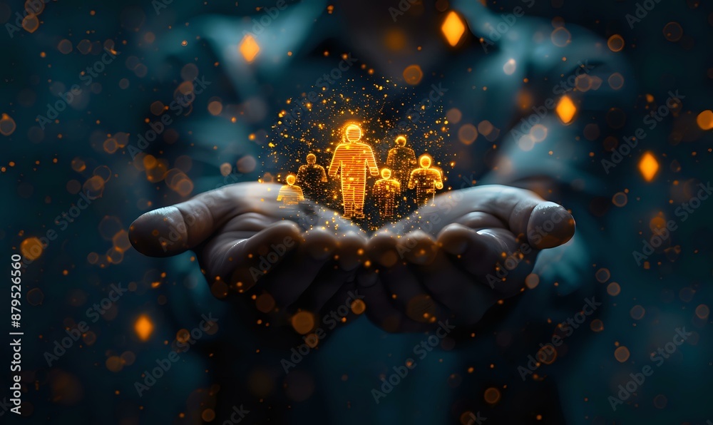Hands holding glowing holographic human figures, symbolizing leadership, innovation, and technology in business. Ideal for corporate presentations, tech industry promotions, and leadership