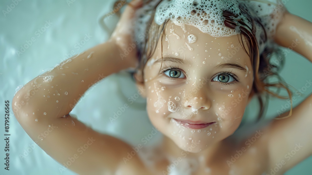 A joyful child with blue eyes and a bubbly head covered in soap suds, smiling brightly during bath time. Perfect for advertising family hygiene products, childcare articles, or wellness content aimed A joyful child with blue eyes and a bubbly head covered in soap suds, smiling brightly during bath time. Perfect for advertising family hygiene products, childcare articles, or wellness content aimed