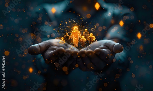 Obraz na płótnie Hands holding glowing holographic human figures, symbolizing leadership, innovation, and technology in business. Ideal for corporate presentations, tech industry promotions, and leadership w salonie