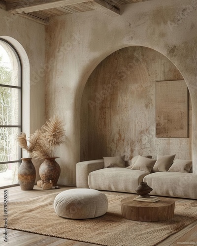 Japandi minimalist interior with beige boucle sofa, pouf, arch stucco wall. Modern living room photo