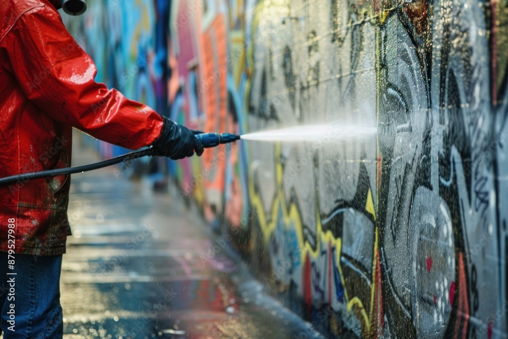 Worker wearing protective gear is cleaning graffiti off a wall with a high pressure water jet