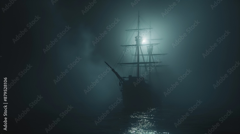 Eerie scene of a ghostly tall ship shrouded in thick fog at night, light glowing on mast. Eerie scene of a ghostly tall ship shrouded in thick fog at night, light glowing on mast.