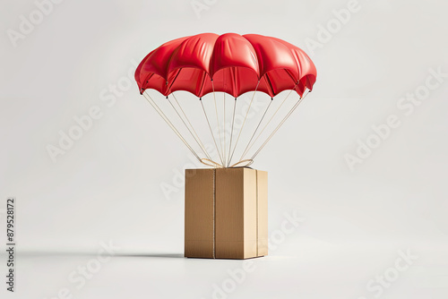 Obraz w ramie cardboard package with red parachute on white background