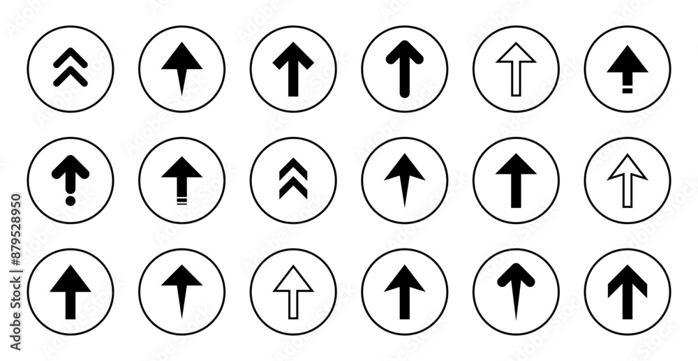 Up direction arrow icon set collection on circle line. Upward sign symbol Up direction arrow icon set collection on circle line. Upward sign symbol