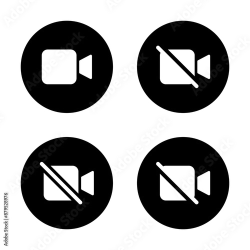Video call and camera off icon set on black circle. Enable and disable cam concept