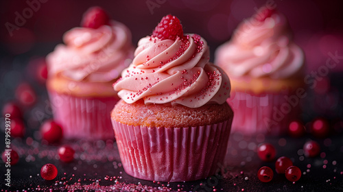 Cupcakes with pink frosting and red berries, decorated with glitter sprinkles. Valentine's Day theme. High resolution photography, detailed, fine details, stock photo, professional color grading, soft