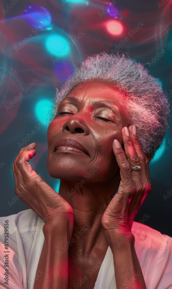 An elegant senior woman enjoys a moment of serenity under colorful lights An elegant senior woman enjoys a moment of serenity under colorful lights