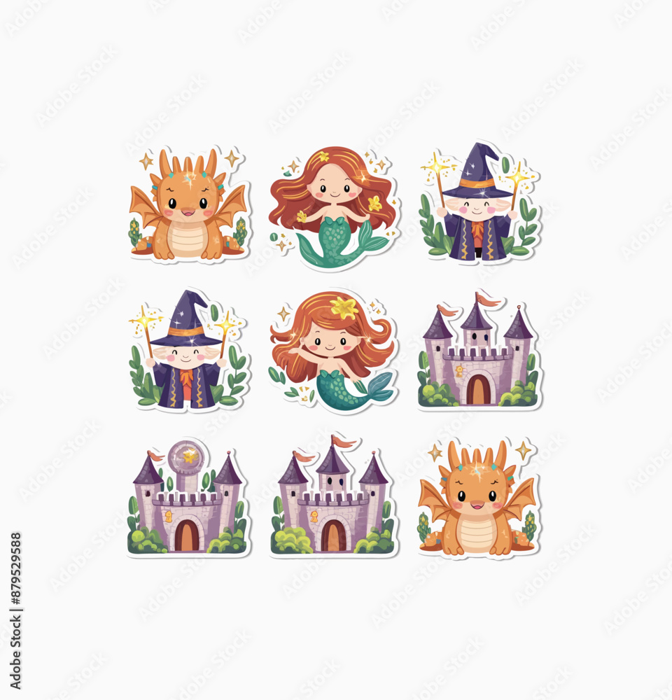 Fototapeta premium Fantasy creatures printable stickers clipart illustration set