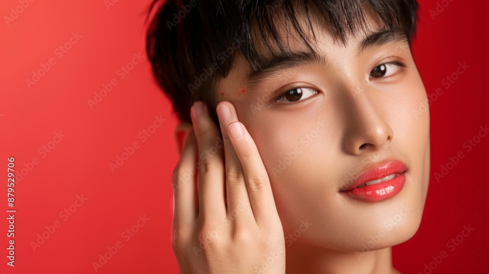 A person with a subtle smile in front of a red background A person with a subtle smile in front of a red background