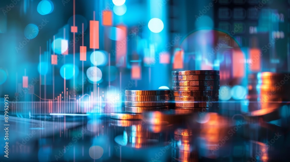 Fototapeta premium Abstract image of coin stacks with a digital financial graph overlay, representing economic growth, investment, and market trends.