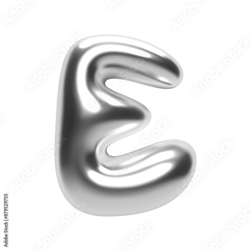 3D chrome bubble letter E in Y2K futuristic style. Shiny silver glossy surface with inflated aluminum liquid metal form. Isolated alphabet letter from trendy vector render font for modern typography