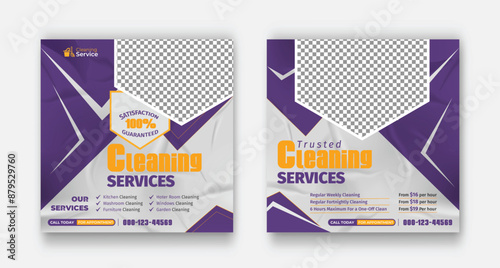 Cleaning Services Business Promotion Social Media Posts. Housekeeping, flat design vector with photo collage. Usable for social media, stories, and web internet ads.
