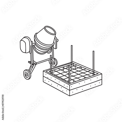 Illustration Doodle of a concrete foundation with rebar and cement mixer beside