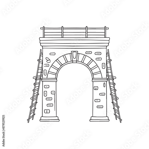 Illustration Doodle of a stone arch with keystone and scaffolding 