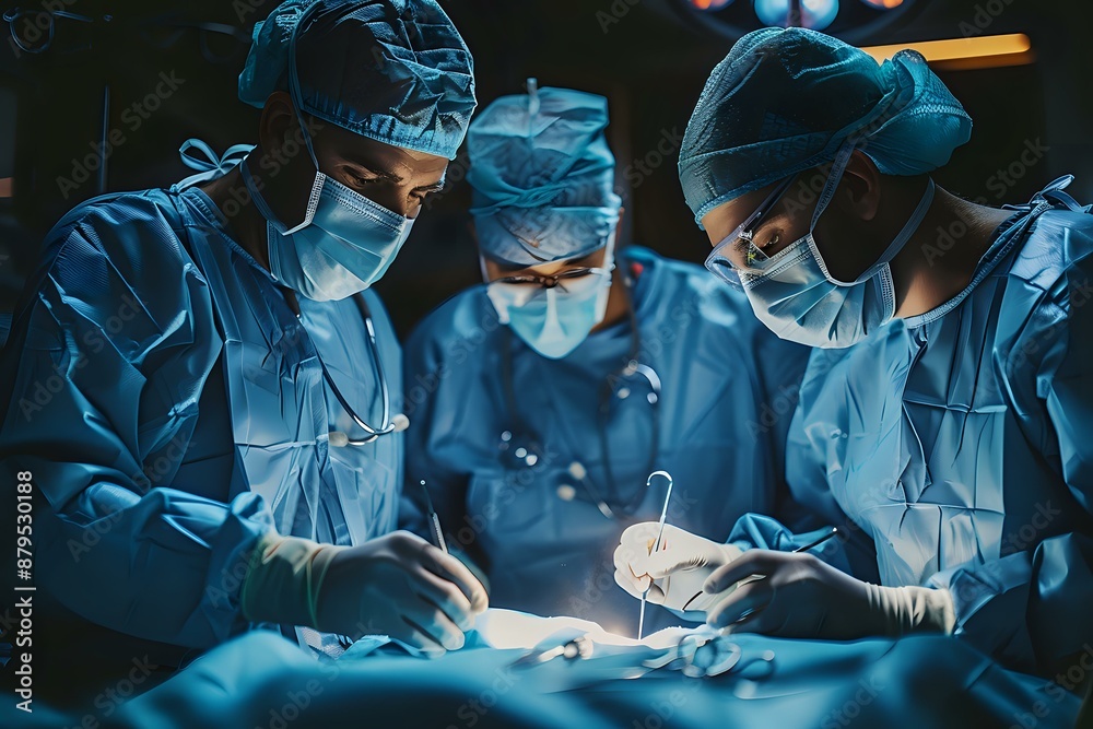 Surgeons performing a delicate operation in a sterile operating room, symbolizing precision and teamwork in medical practice. Ideal for healthcare articles, medical education, and surgical Surgeons performing a delicate operation in a sterile operating room, symbolizing precision and teamwork in medical practice. Ideal for healthcare articles, medical education, and surgical