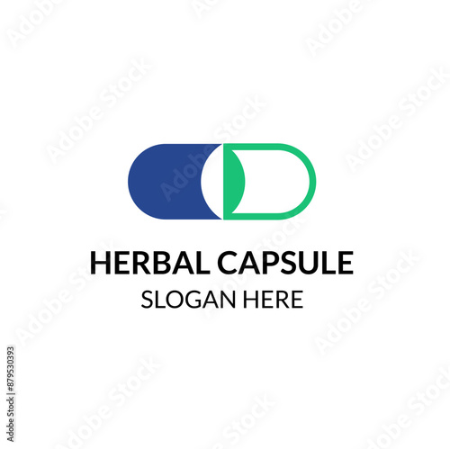 Herbal capsule logo template in simple style. Capsule and leaf vector illustration