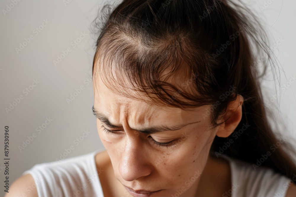 tête de femme souffrant d'alopécie et qui perd ses cheveux tête de femme souffrant d'alopécie et qui perd ses cheveux