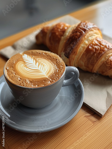A cup of coffee and a croissant on the table next to the window in the morning.