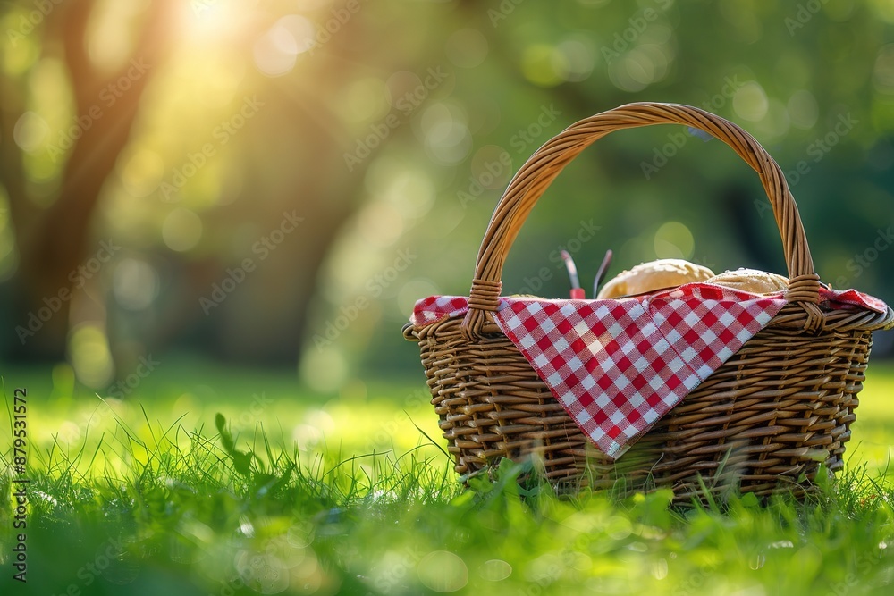 One picnic wicker basket with checkered napkin and blanket on green grass. Space for text One picnic wicker basket with checkered napkin and blanket on green grass. Space for text